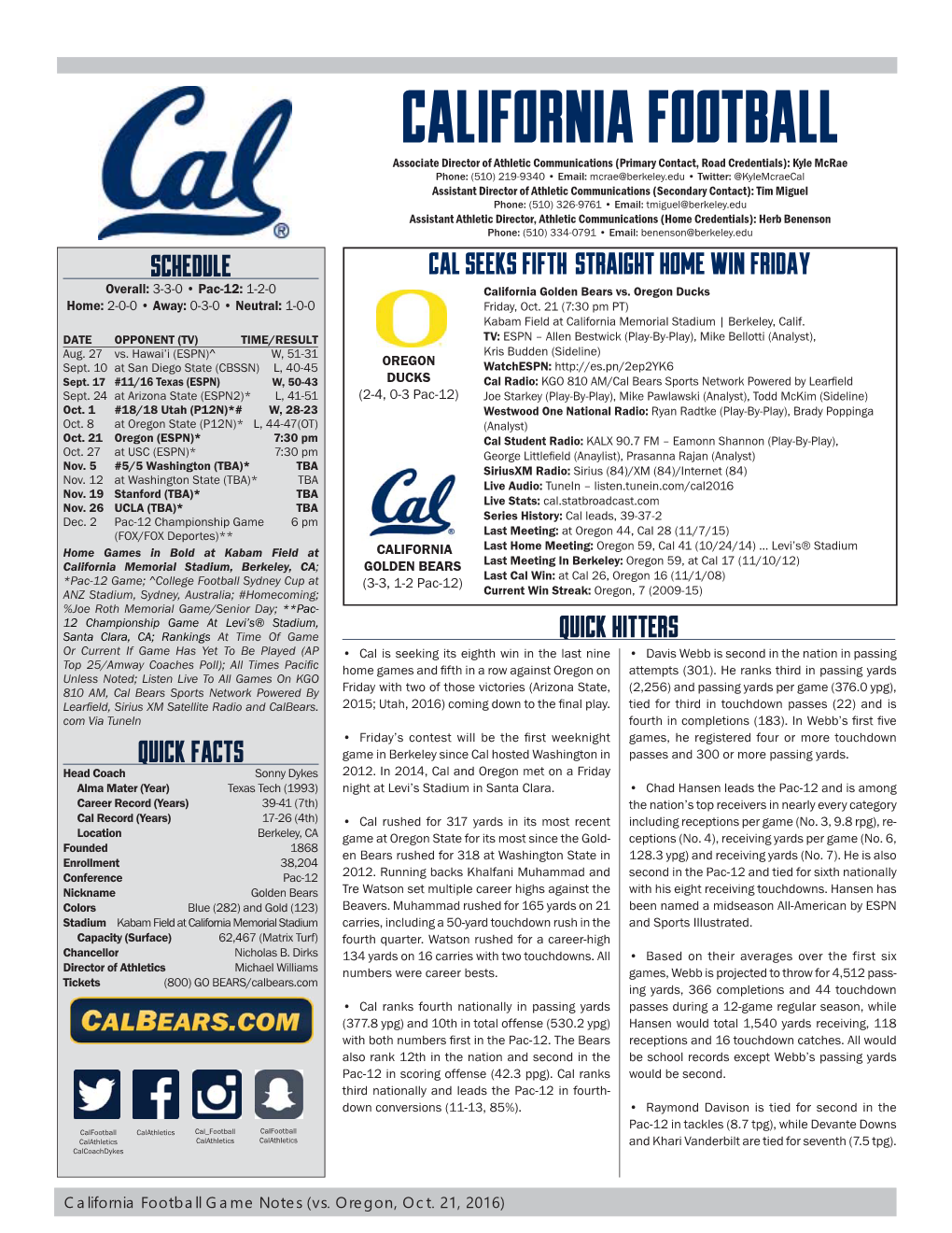 2016-10-21 Oregon Game Notes