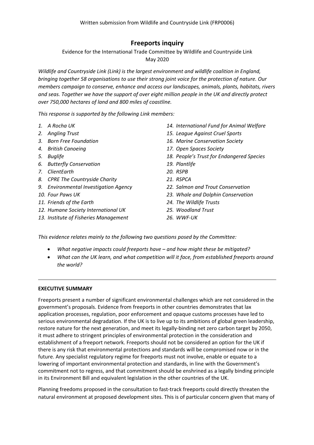 Freeports Inquiry Evidence for the International Trade Committee by Wildlife and Countryside Link May 2020