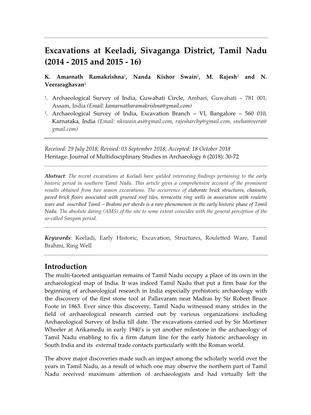 Excavations at Keeladi, Sivaganga District, Tamil Nadu (2014 ‐ 2015 and 2015 ‐ 16)