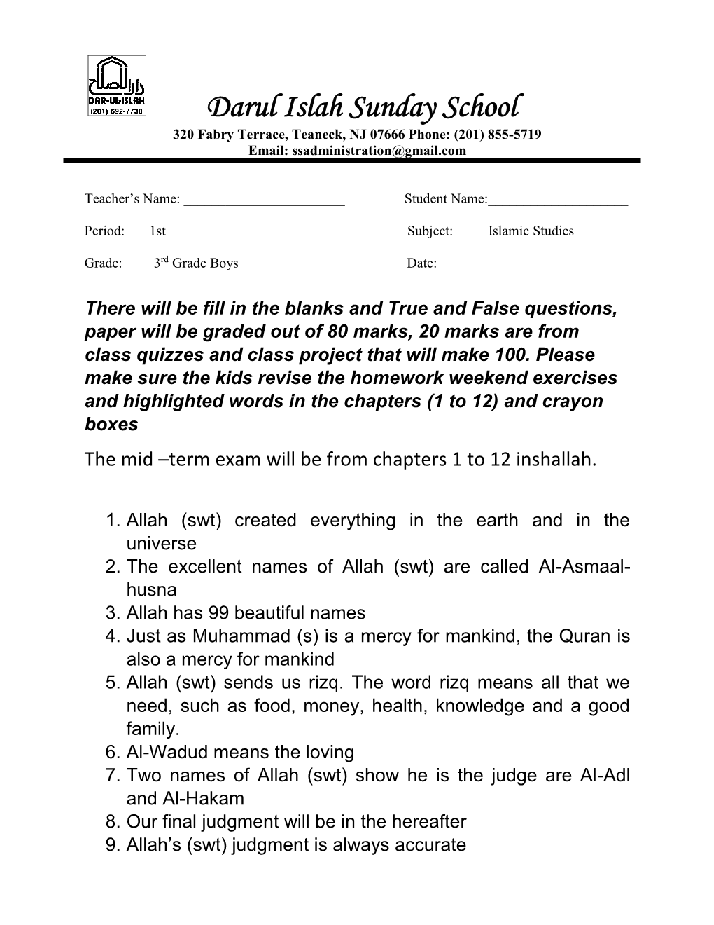 Darul Islah Sunday School 320 Fabry Terrace, Teaneck, NJ 07666 Phone: (201) 855-5719 Email: Ssadministration@Gmail.Com