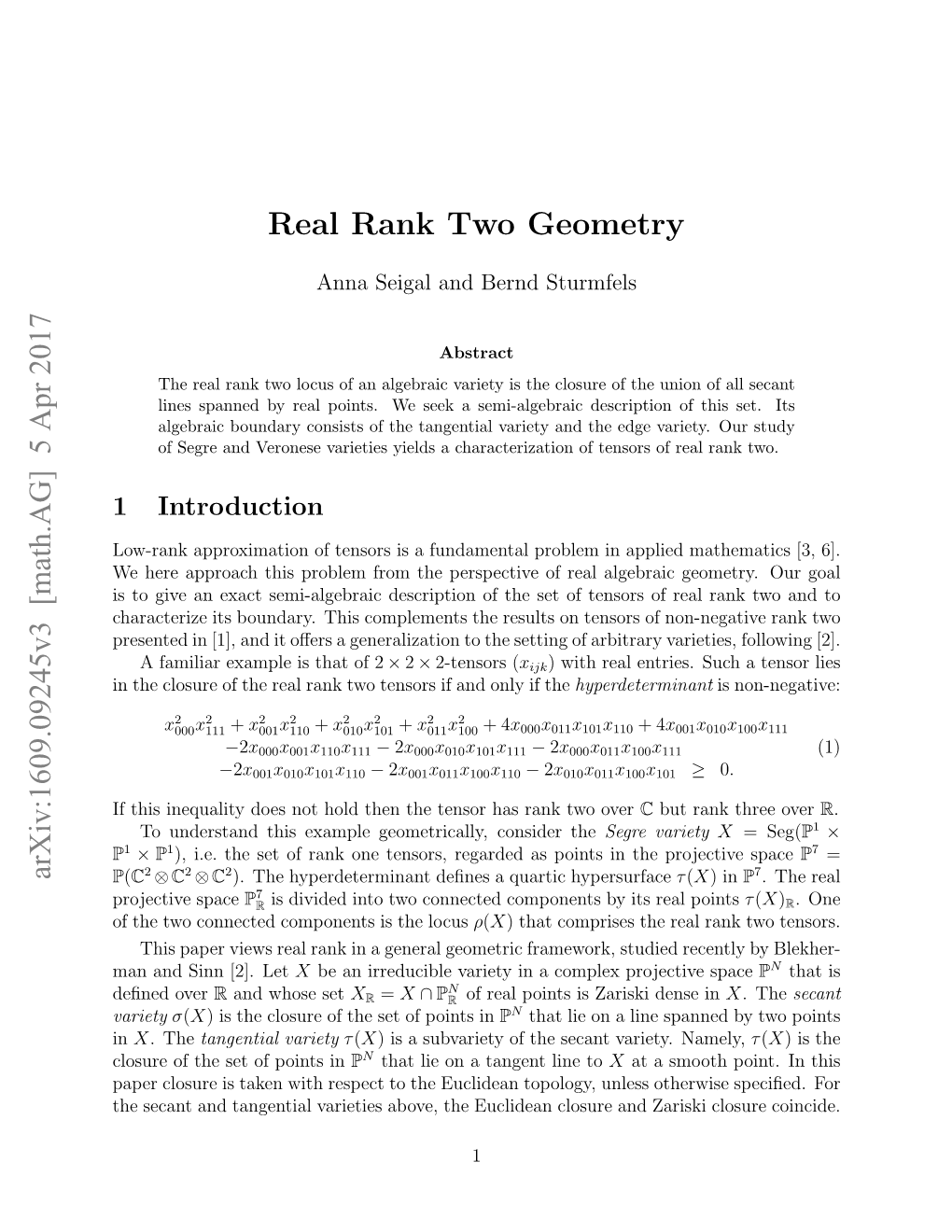 Real Rank Two Geometry Arxiv:1609.09245V3 [Math.AG] 5