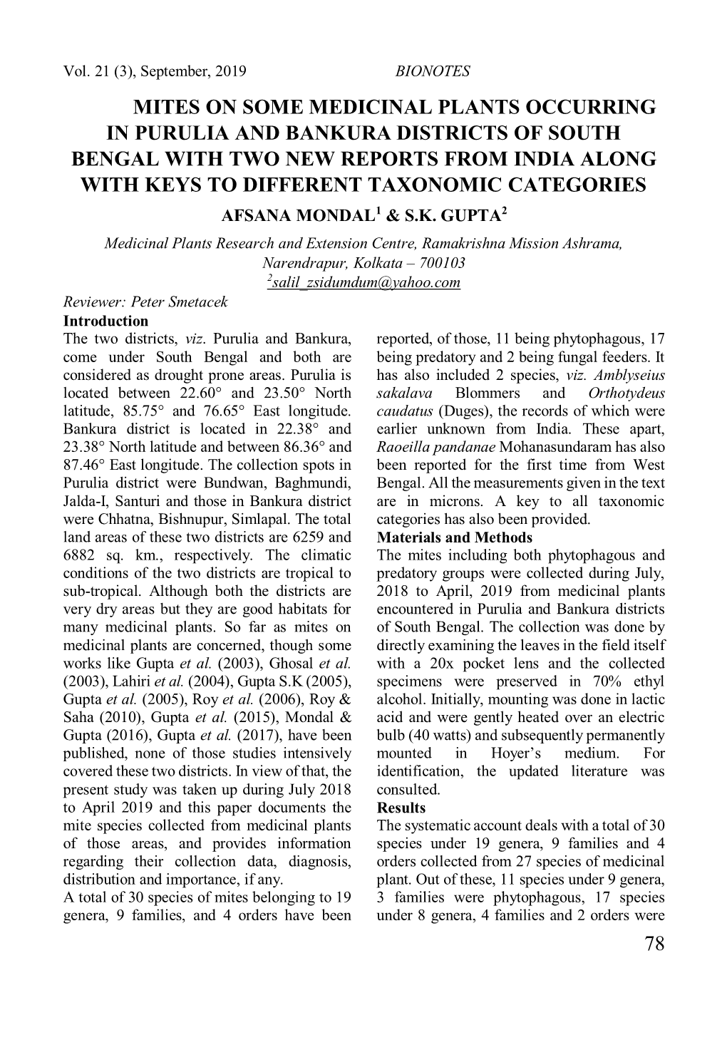 78 Mites on Some Medicinal Plants Occurring in Purulia and Bankura Districts of South Bengal with Two New Reports from India