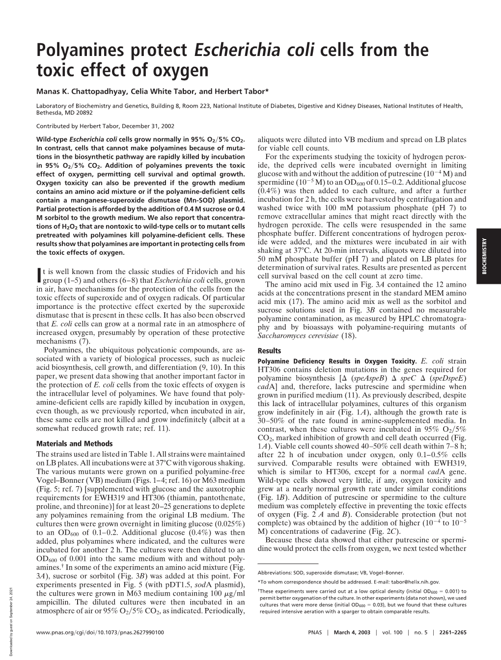 Polyamines Protect Escherichia Coli Cells from the Toxic Effect of Oxygen