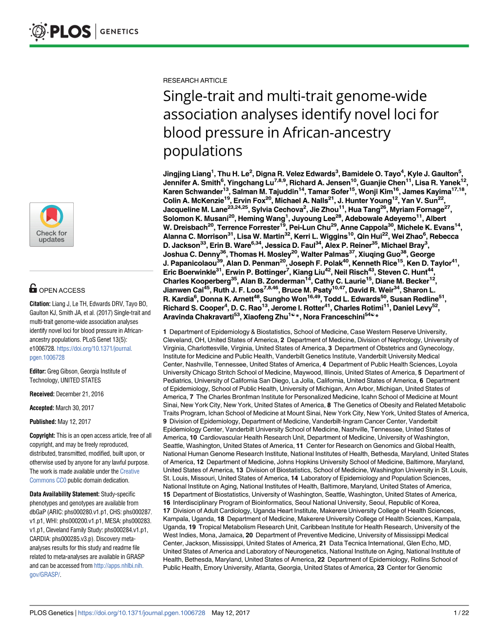 Single-Trait and Multi-Trait Genome-Wide Association Analyses Identify Novel Loci for Blood Pressure in African-Ancestry Populations