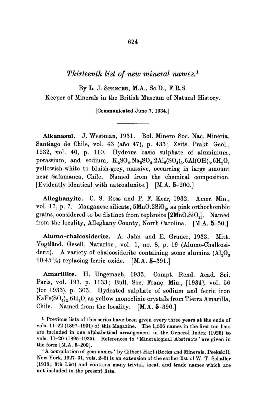 Thirteenth List of New Mineral Names. 1 by L. J. SPENCER, M.A., Sc.D., F.R.S