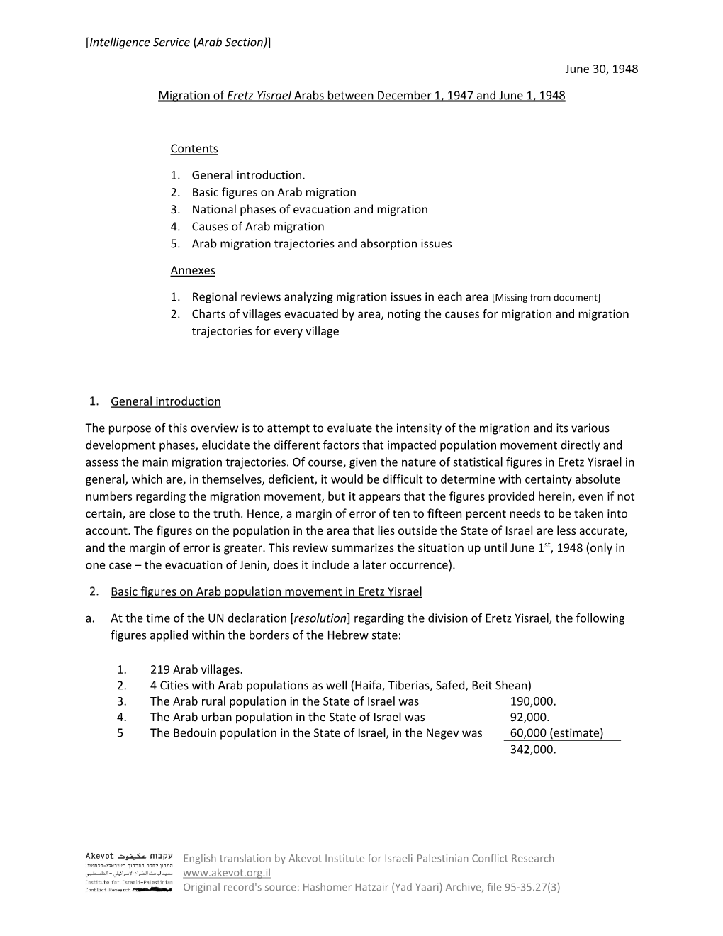 Migration of Eretz Yisrael Arabs Between December 1, 1947 and June 1, 1948