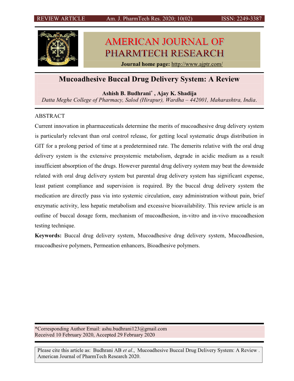 Mucoadhesive Buccal Drug Delivery System: a Review