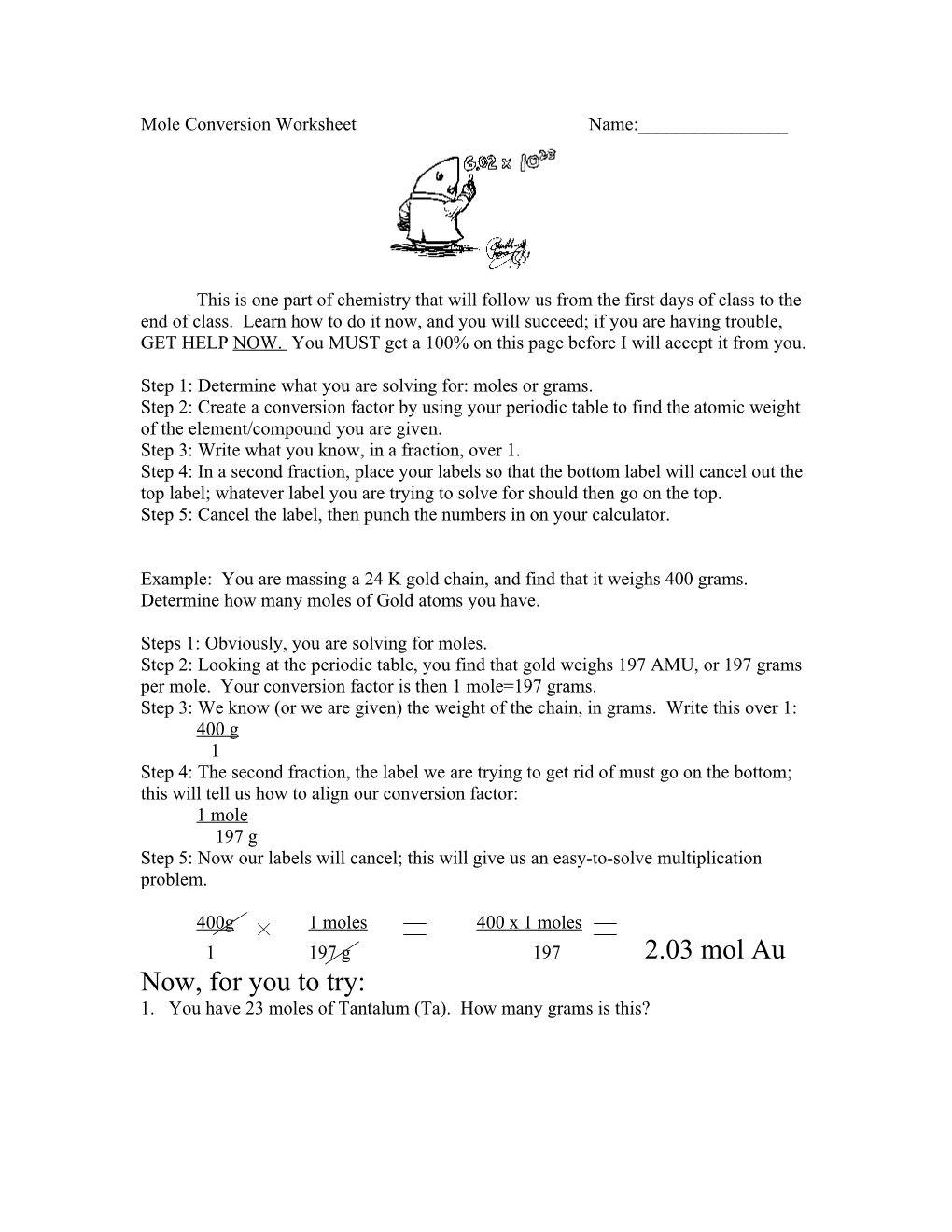 Mole Conversion Worksheet