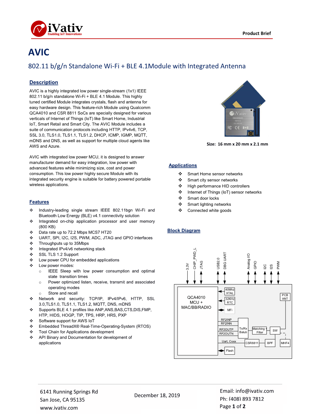 802.11 B/G/N Standalone Wi-Fi + BLE 4.1Module with Integrated Antenna