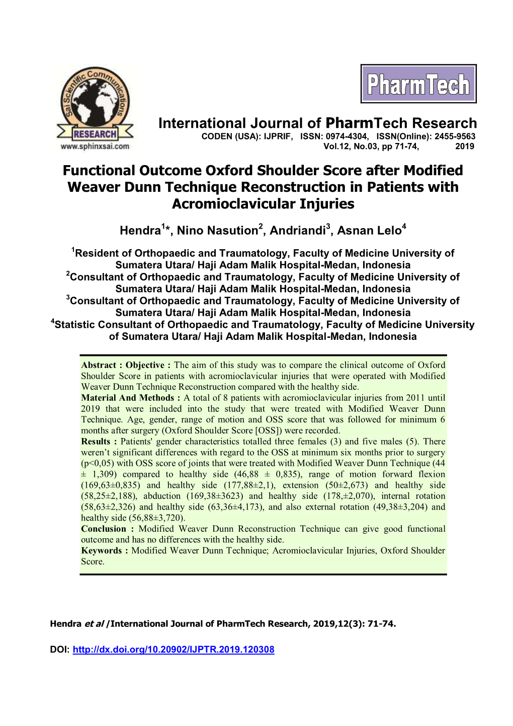 Functional Outcome Oxford Shoulder Score After Modified Weaver Dunn Technique Reconstruction in Patients with Acromioclavicular Injuries