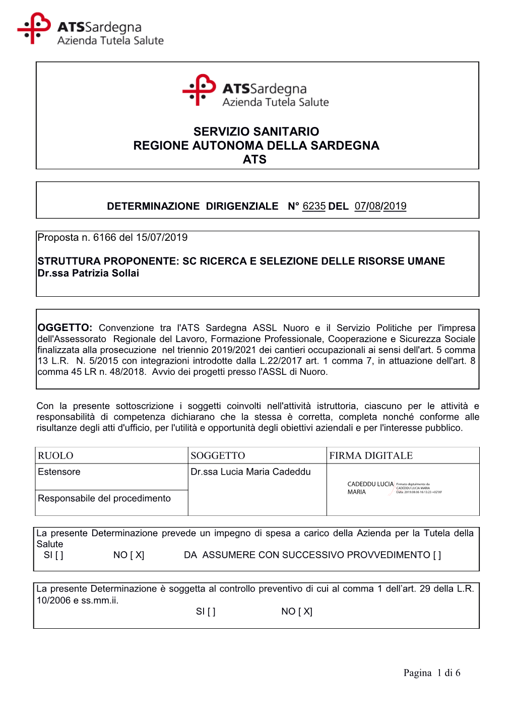 Determinazione ATS N.6235 Del 07/08/2019