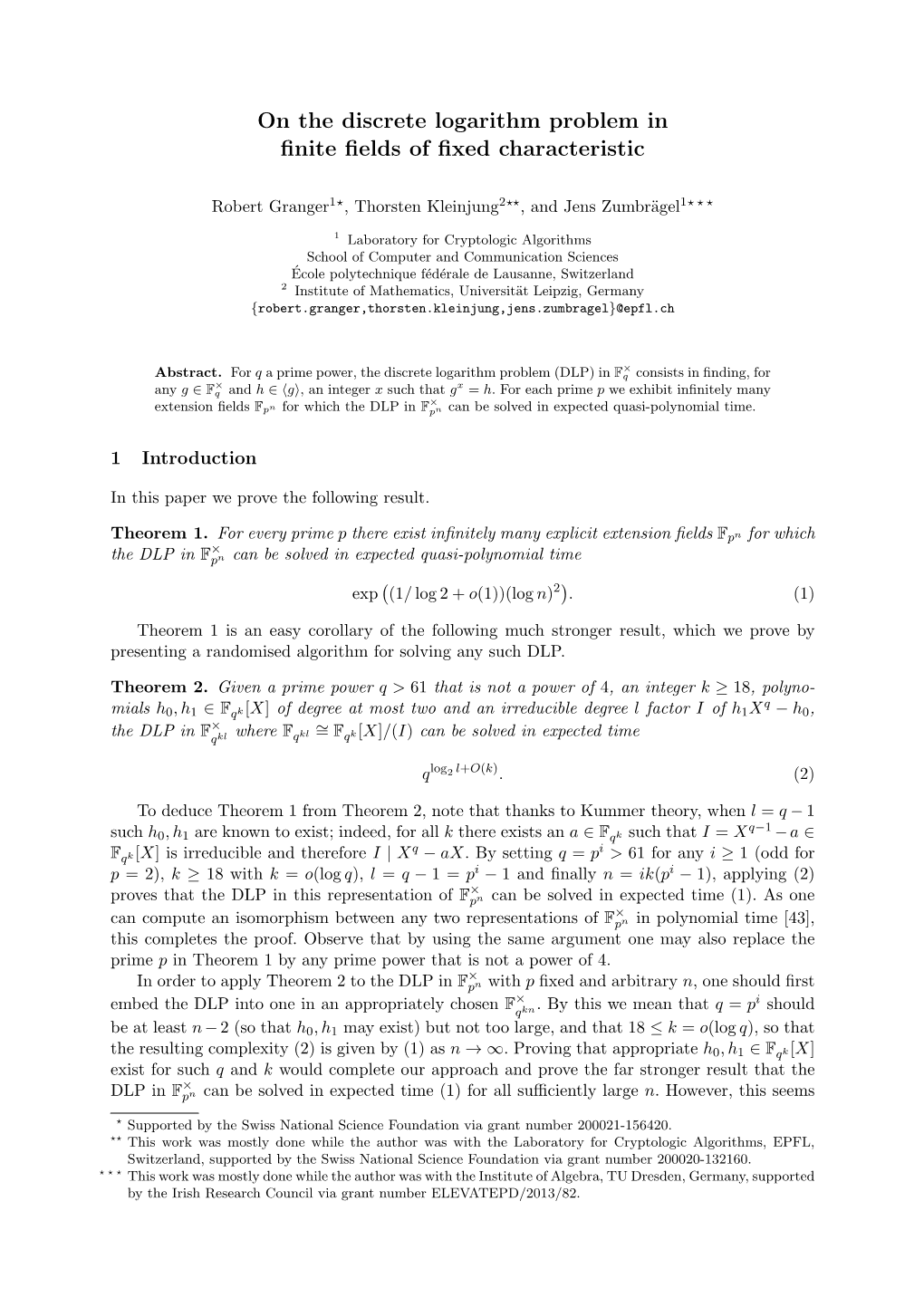 On the Discrete Logarithm Problem in Finite Fields of Fixed Characteristic