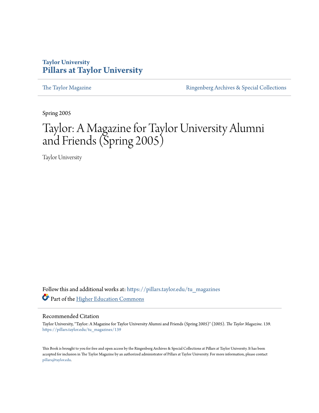 A Magazine for Taylor University Alumni and Friends (Spring 2005) Taylor University