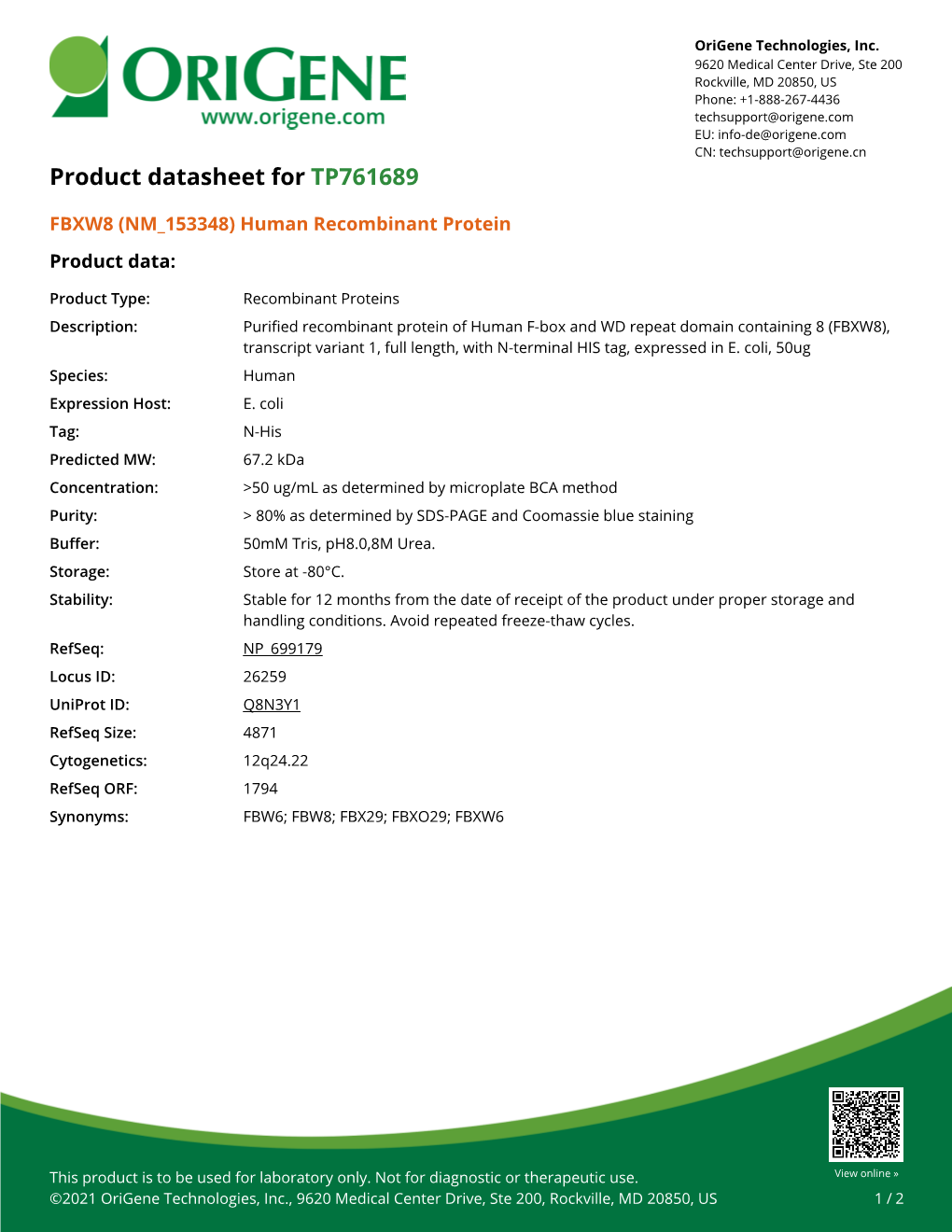 FBXW8 (NM 153348) Human Recombinant Protein Product Data