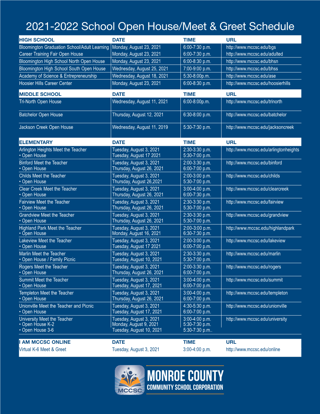 2021-2022 School Open House/Meet & Greet Schedule