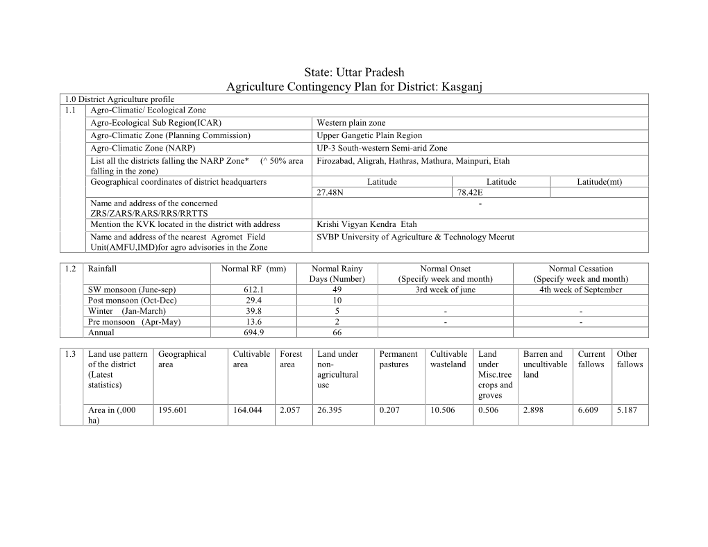 State: Uttar Pradesh Agriculture Contingency Plan for District: Kasganj