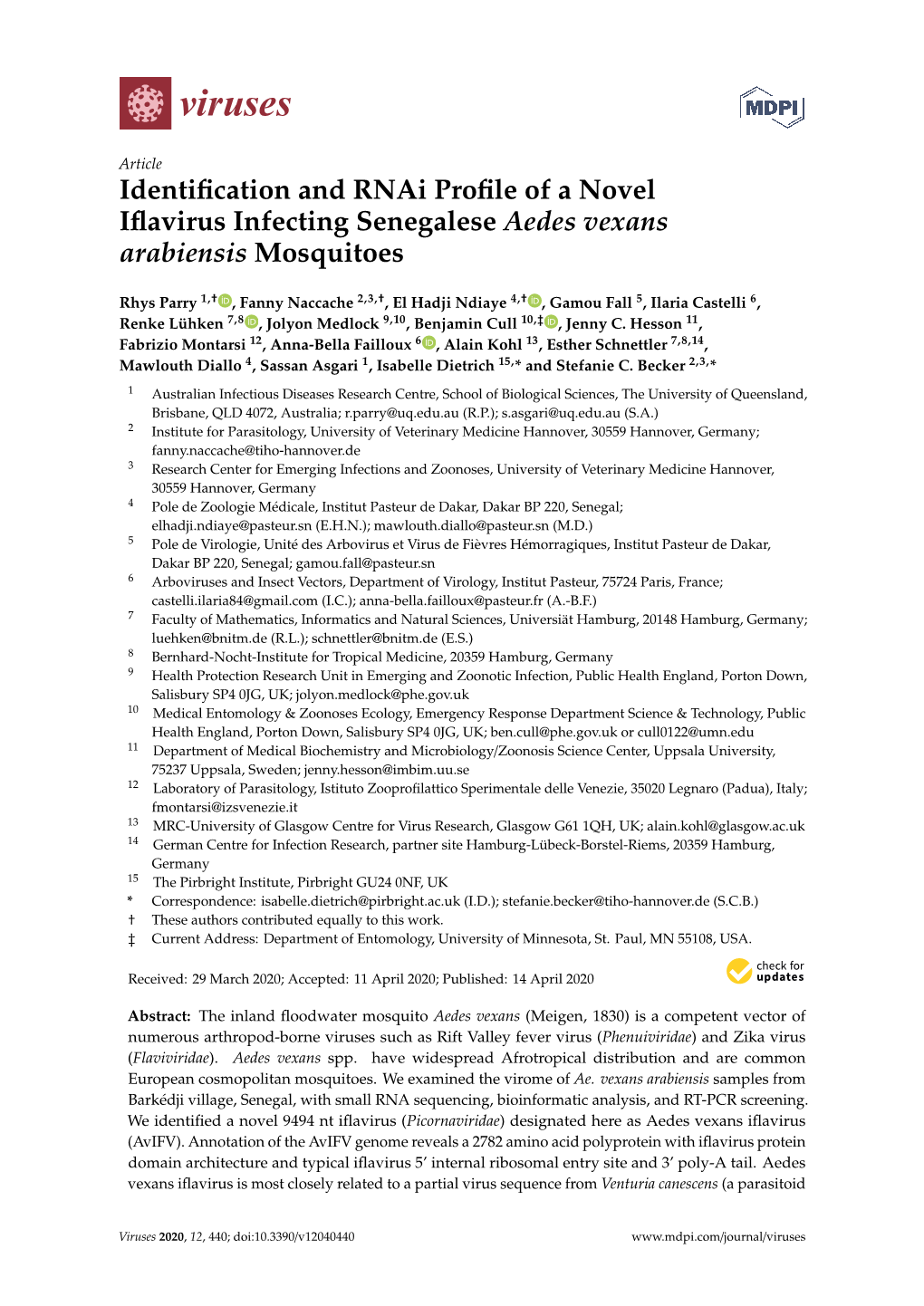 Identification and Rnai Profile of a Novel Iflavirus Infecting Senegalese