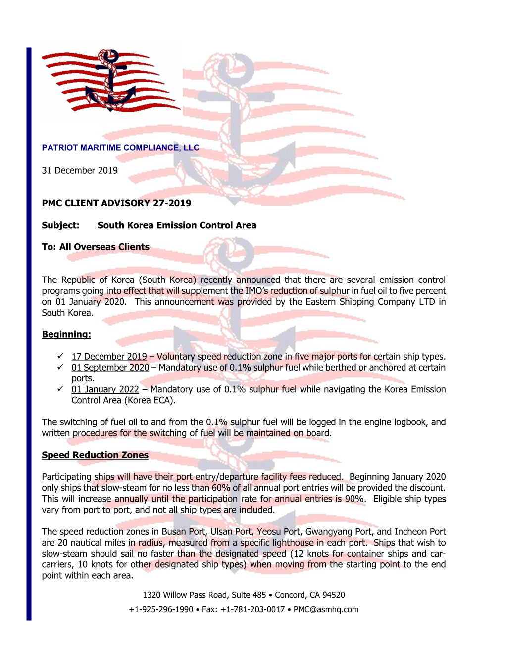 South Korea Emission Control Area To: All Overseas Clients The