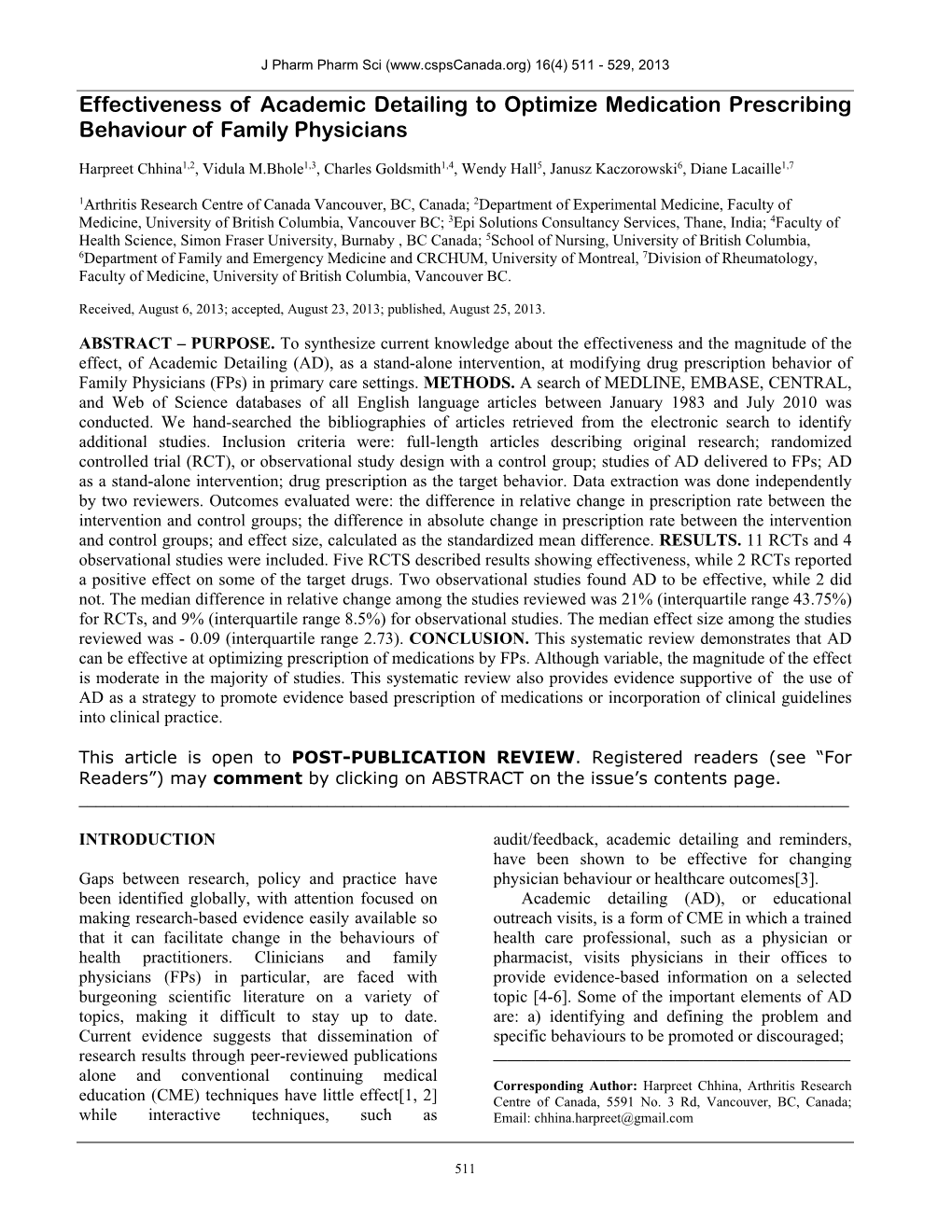 Effectiveness of Academic Detailing to Optimize Medication Prescribing Behaviour of Family Physicians