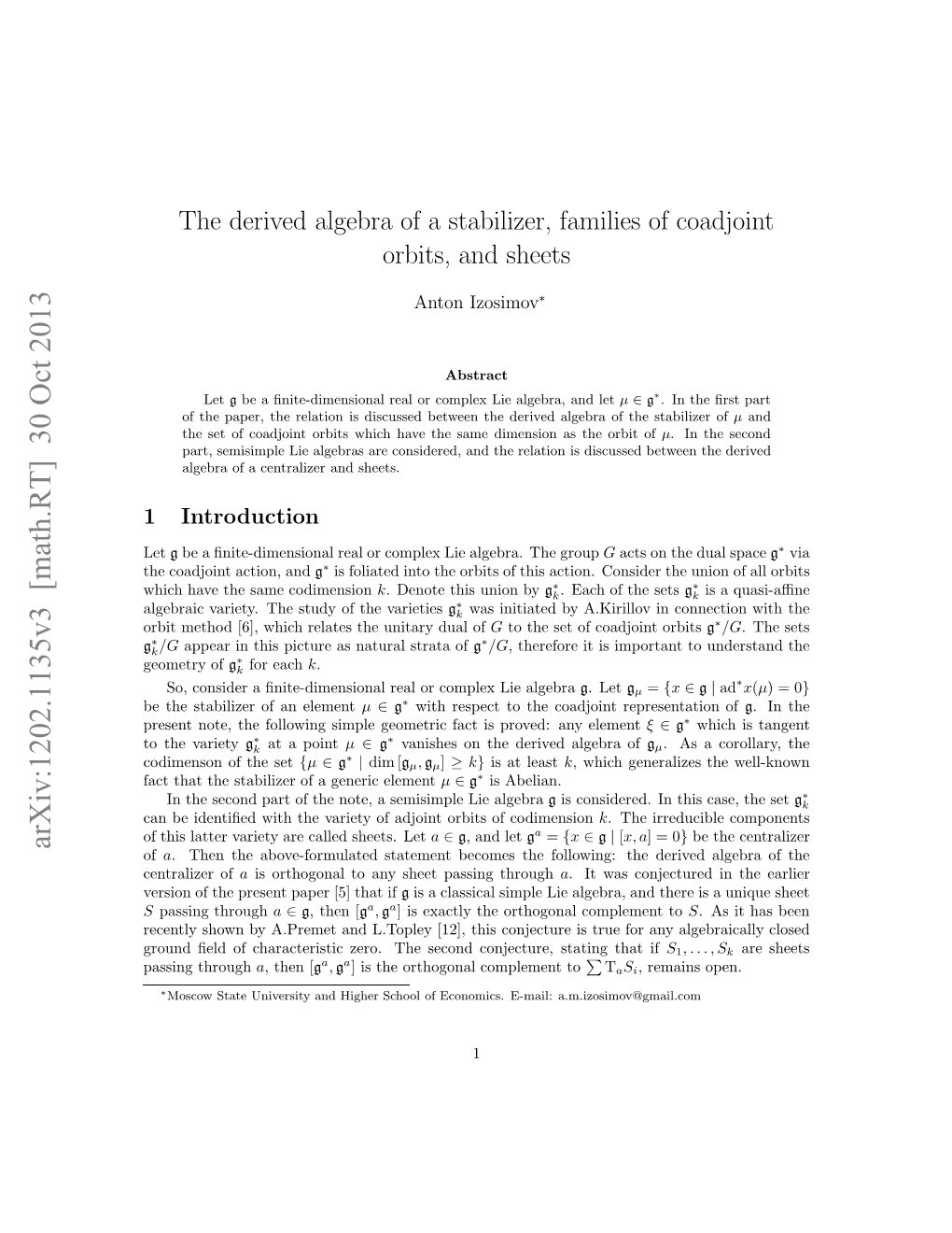 The Derived Algebra of a Stabilizer, Families of Coadjoint Orbits, and Sheets, Arxiv:1202.1135V2 (2012)