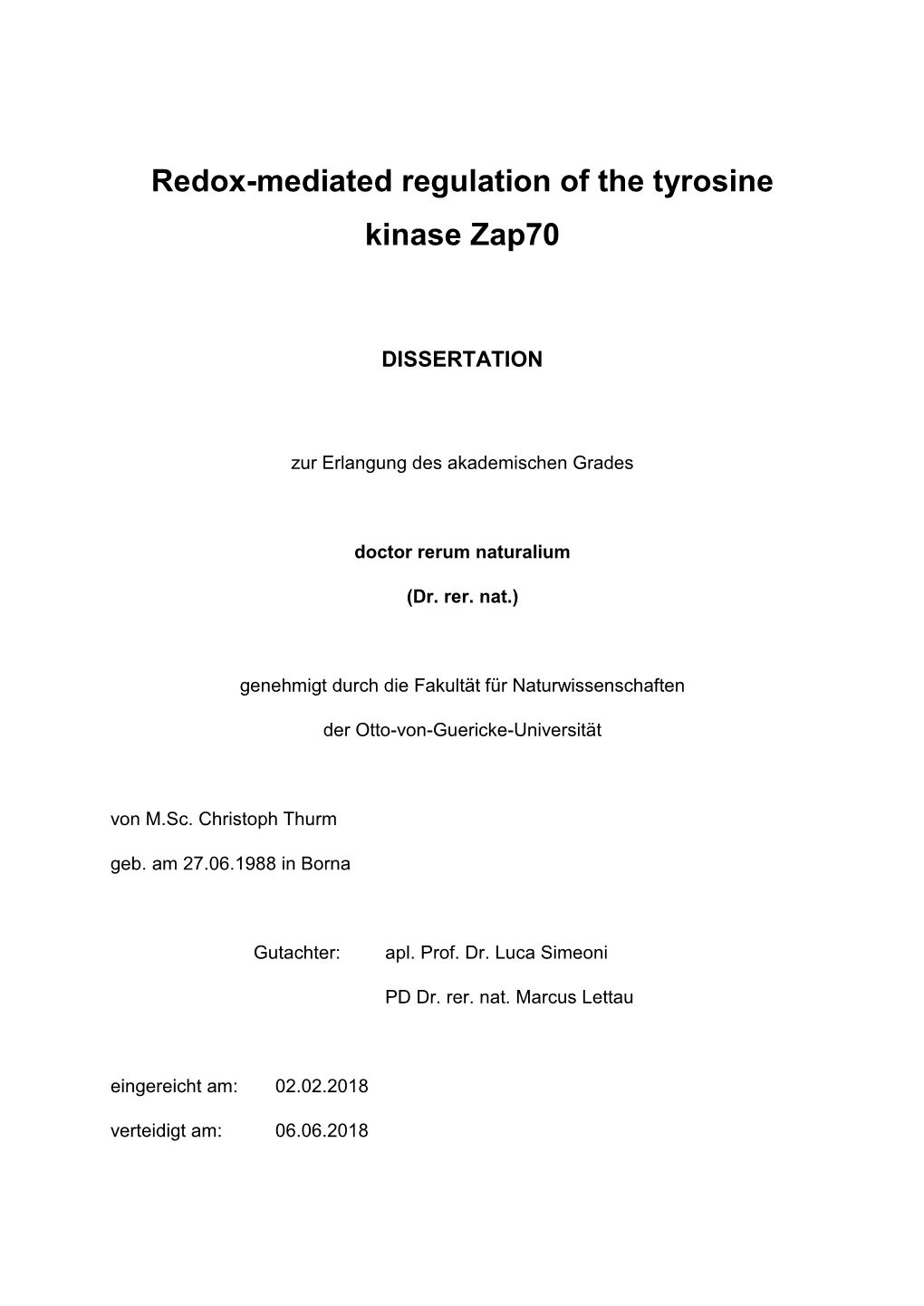 Redox-Mediated Regulation of the Tyrosine Kinase Zap70