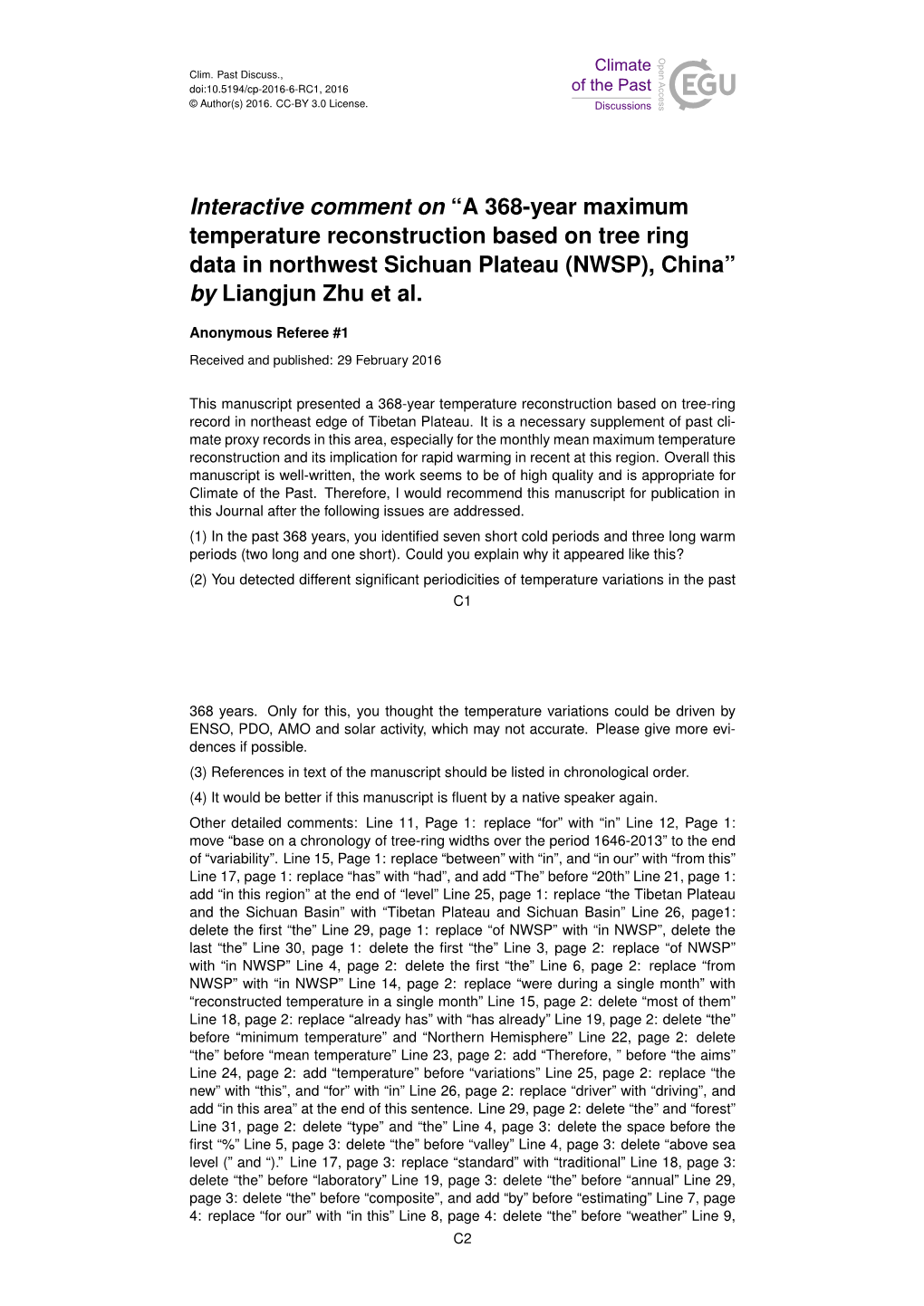 A 368-Year Maximum Temperature Reconstruction Based on Tree Ring Data in Northwest Sichuan Plateau (NWSP), China” by Liangjun Zhu Et Al