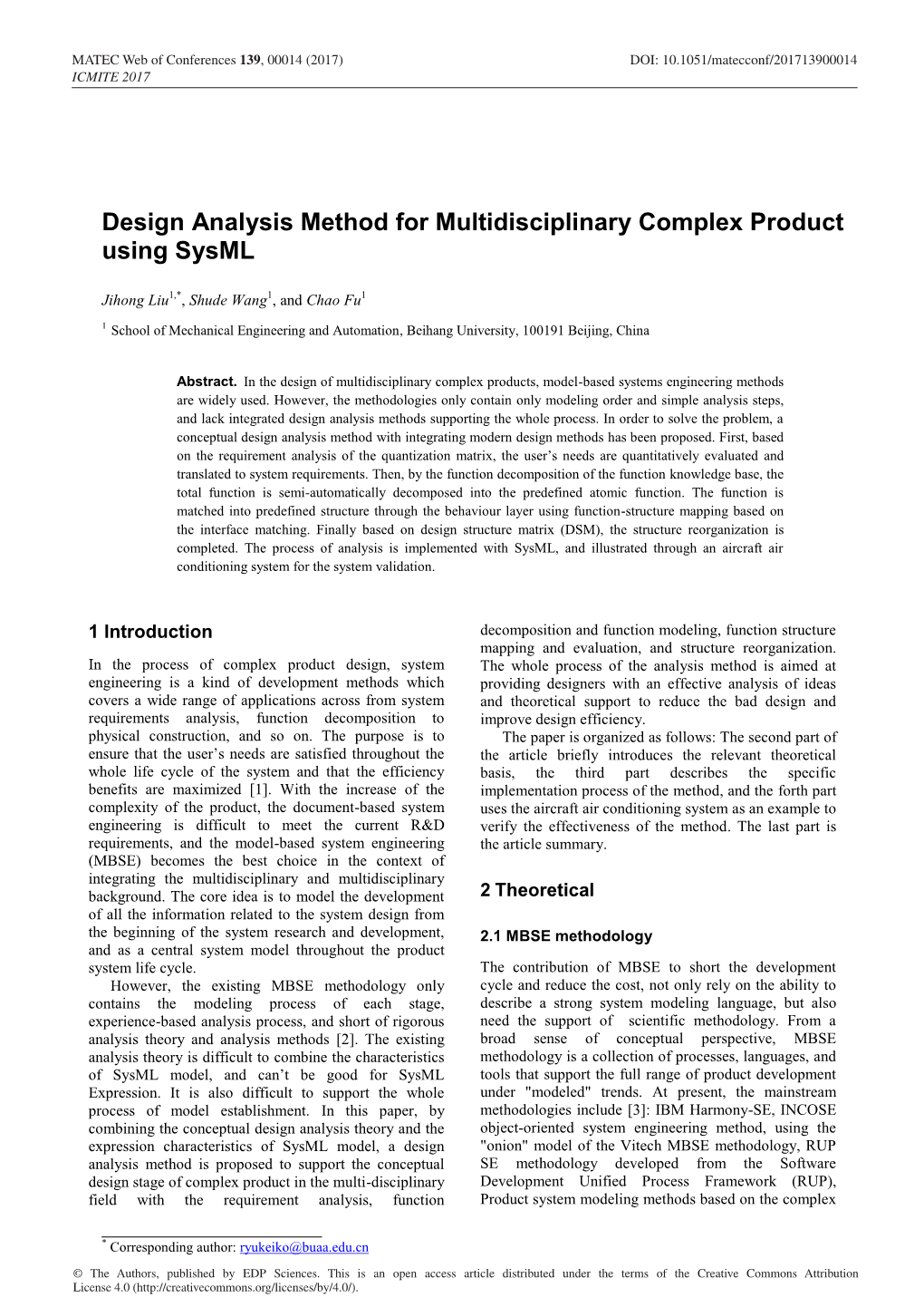 Design Analysis Method for Multidisciplinary Complex Product Using Sysml
