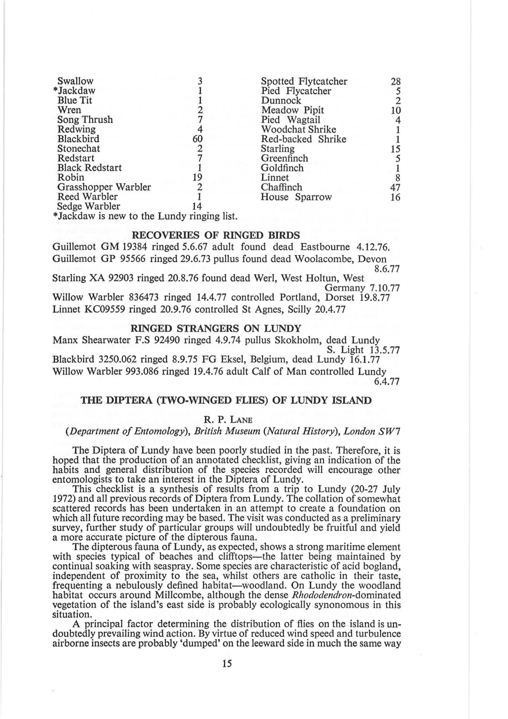 R. P. LANE (Department of Entomology), British Museum (Natural History), London SW7 the Diptera of Lundy Have Been Poorly Studied in the Past