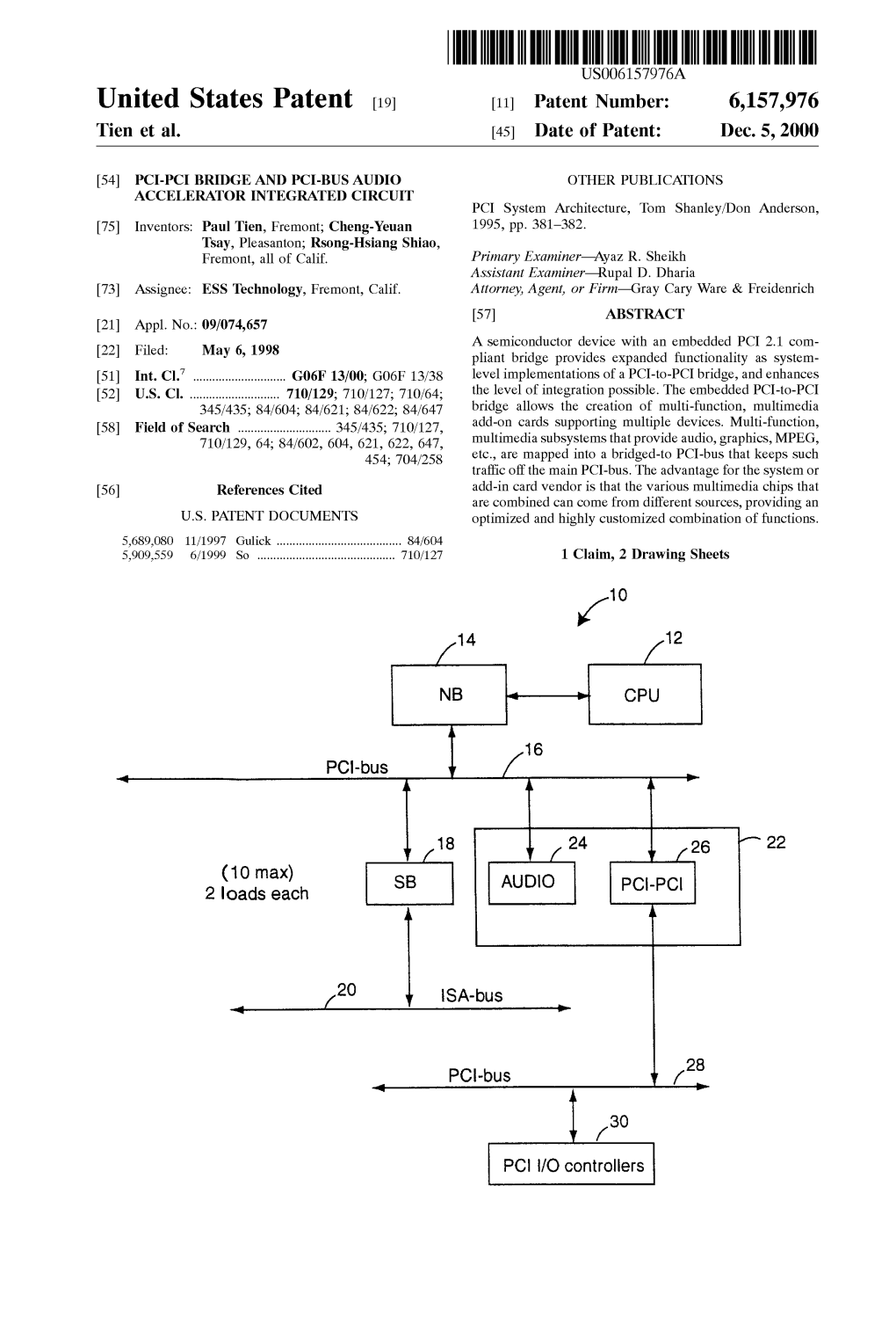 United States Patent (19) 11 Patent Number: 6,157,976 Tien Et Al