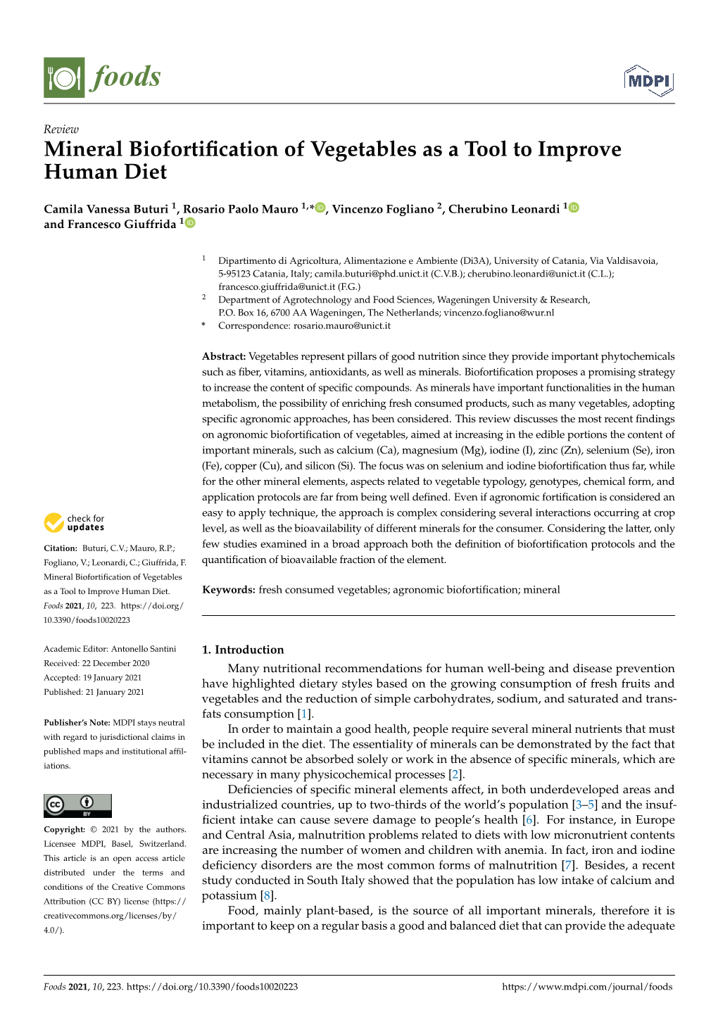 Mineral Biofortification of Vegetables As a Tool to Improve Human Diet