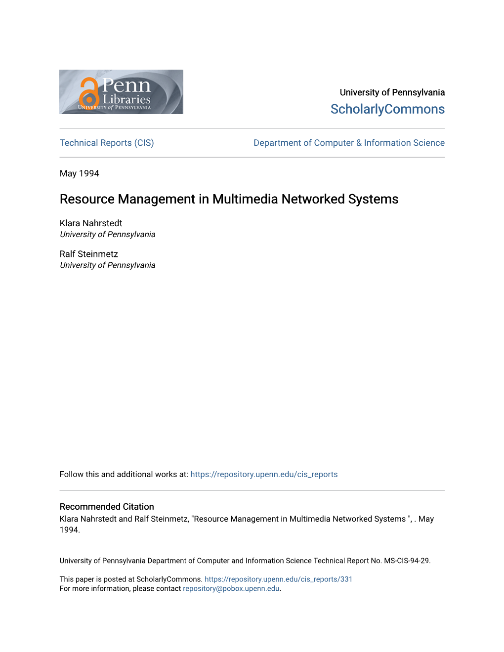 Resource Management in Multimedia Networked Systems