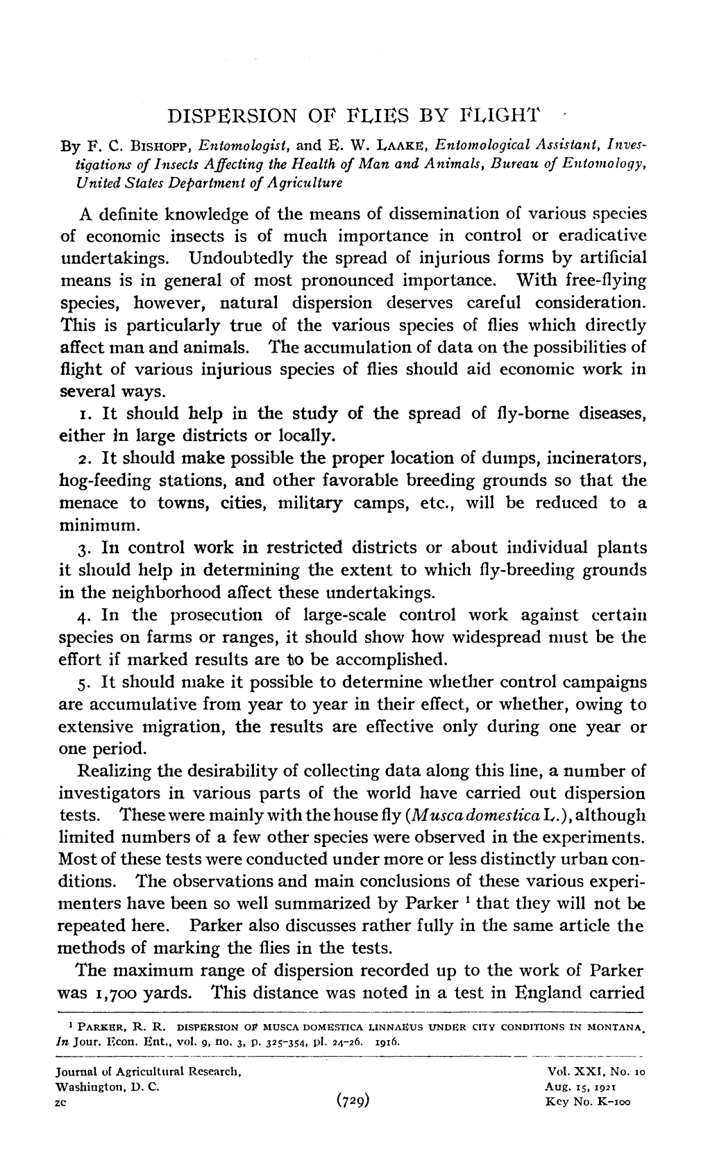 Dispersion of Flies by Flight