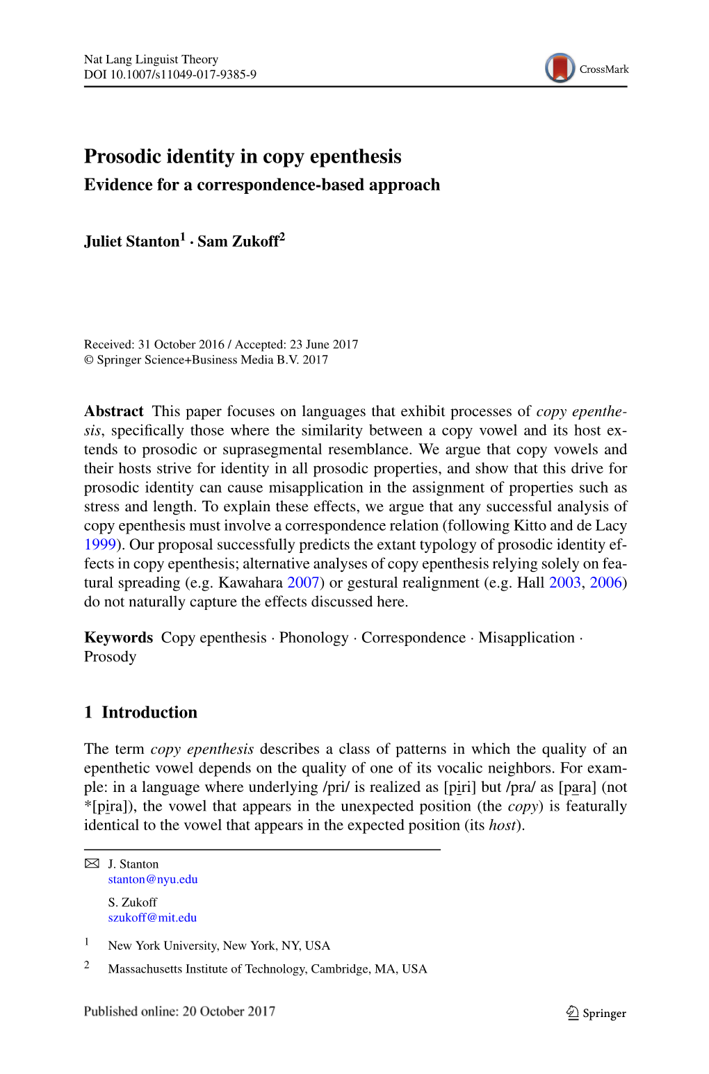 Prosodic Identity in Copy Epenthesis Evidence for a Correspondence-Based Approach