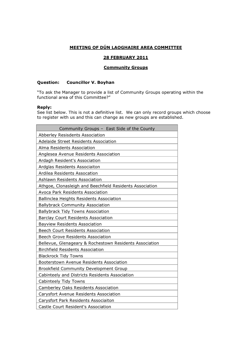 Meeting of Dún Laoghaire Area Committee 28 February