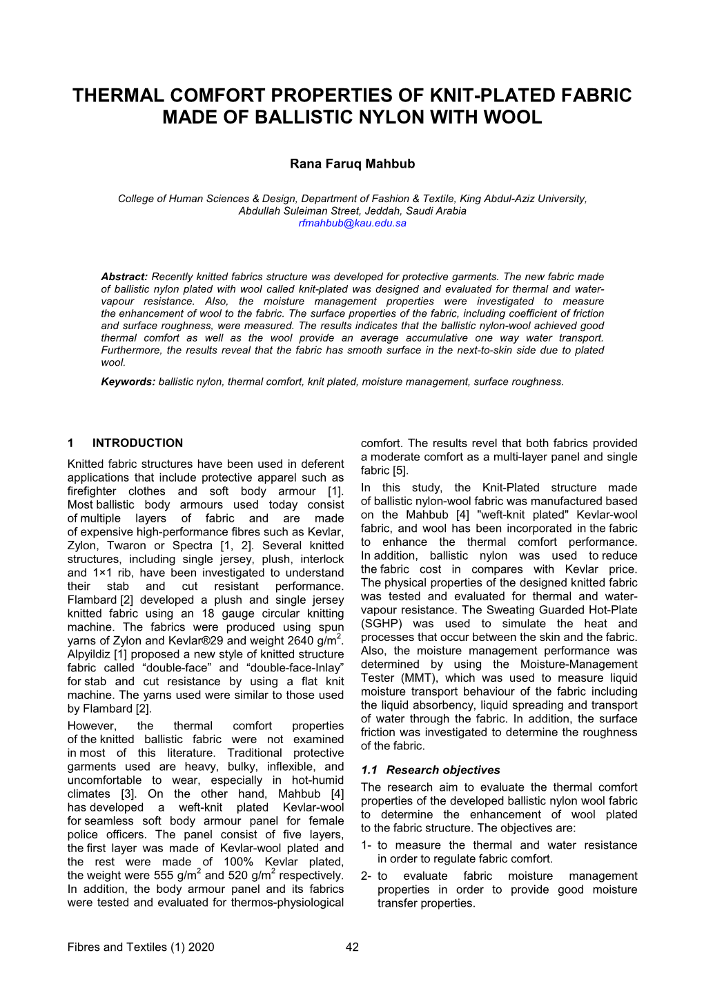 Thermal Comfort Properties of Knit-Plated Fabric Made of Ballistic Nylon with Wool