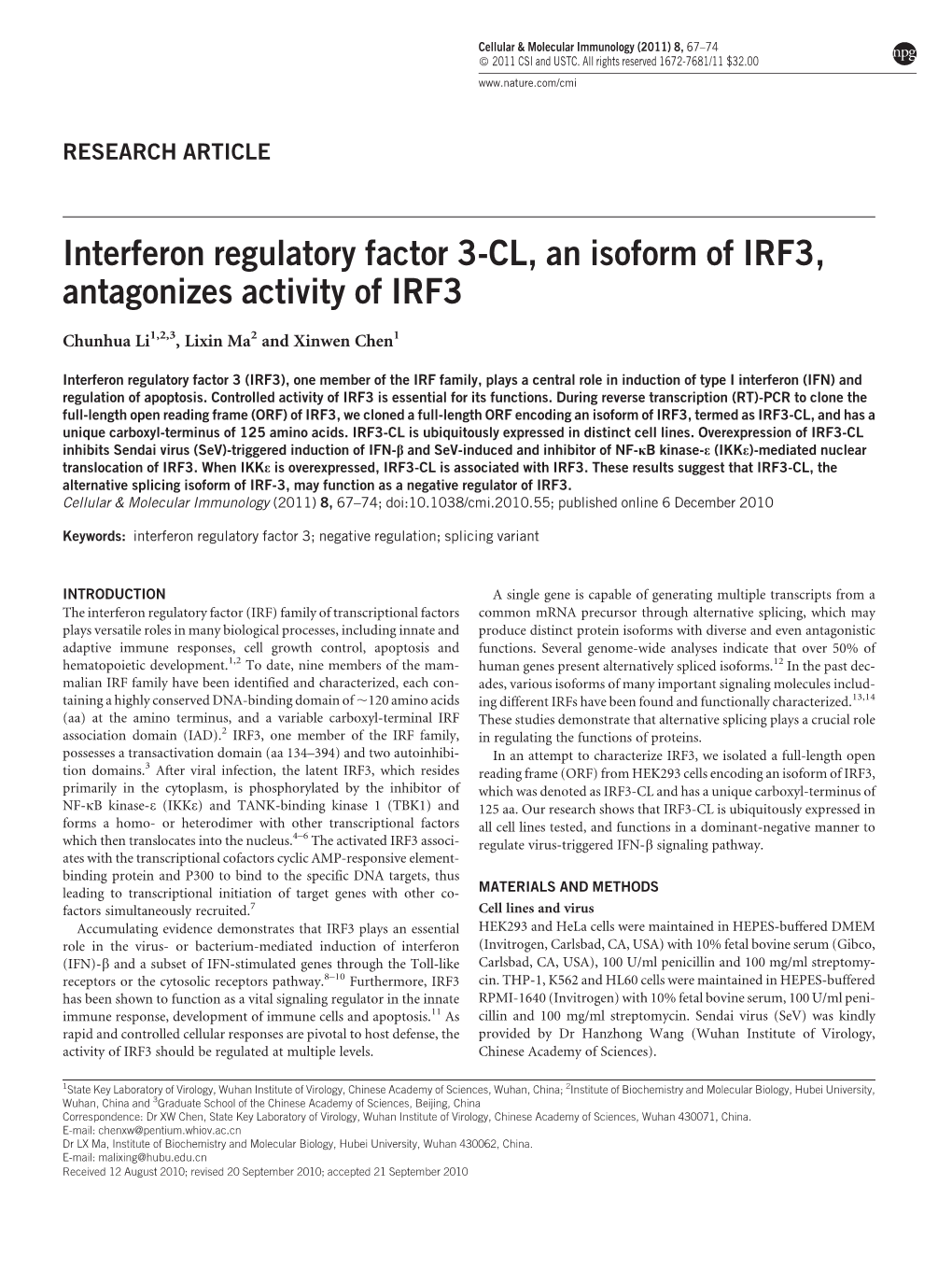 Interferon Regulatory Factor 3-CL, an Isoform of IRF3, Antagonizes Activity of IRF3