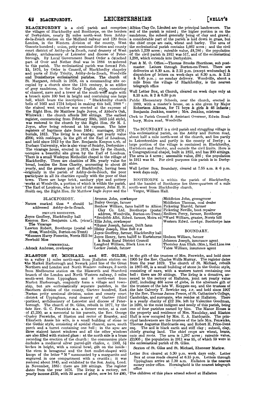 LEICESTERSHIRE (KELLY'8 BLACKFORDBY Is a Civi( Parish and Comprises Albion Clay Co