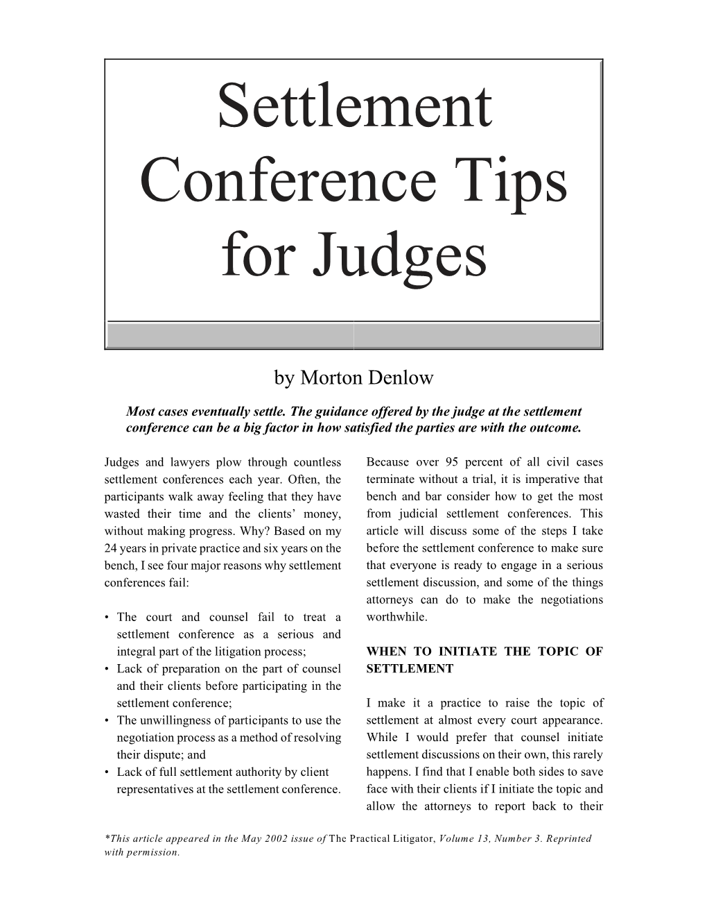 Settlement Conference Tips for Judges