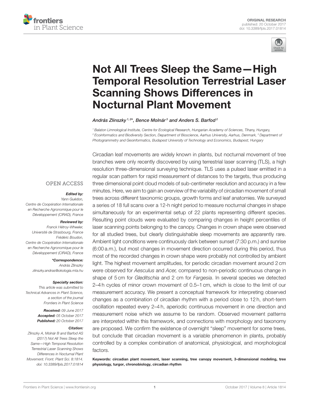 Not All Trees Sleep the Same—High Temporal Resolution Terrestrial Laser Scanning Shows Differences in Nocturnal Plant Movement