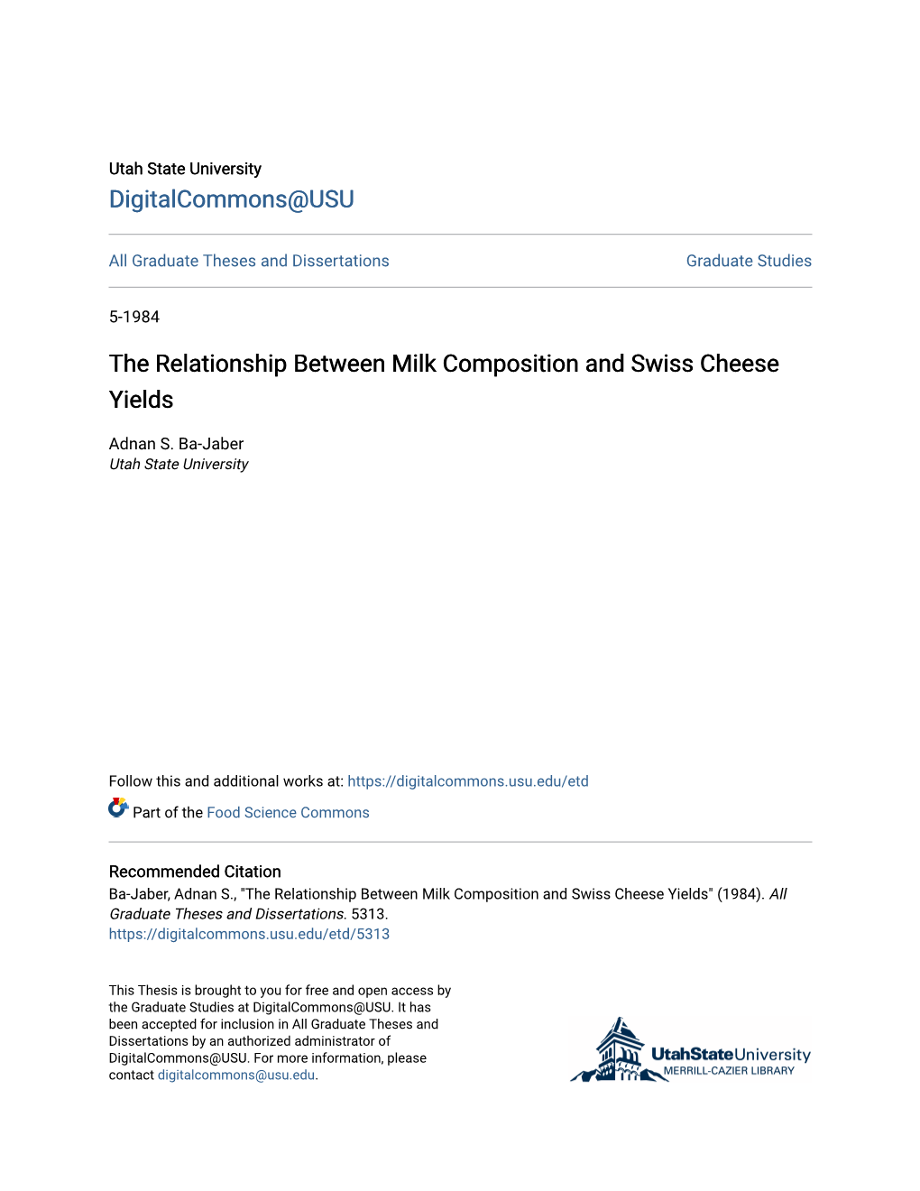 The Relationship Between Milk Composition and Swiss Cheese Yields