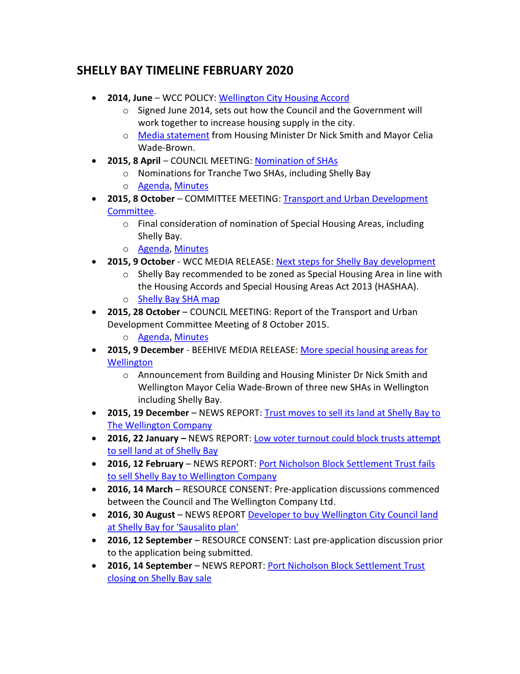 Shelly Bay Timeline February 2020