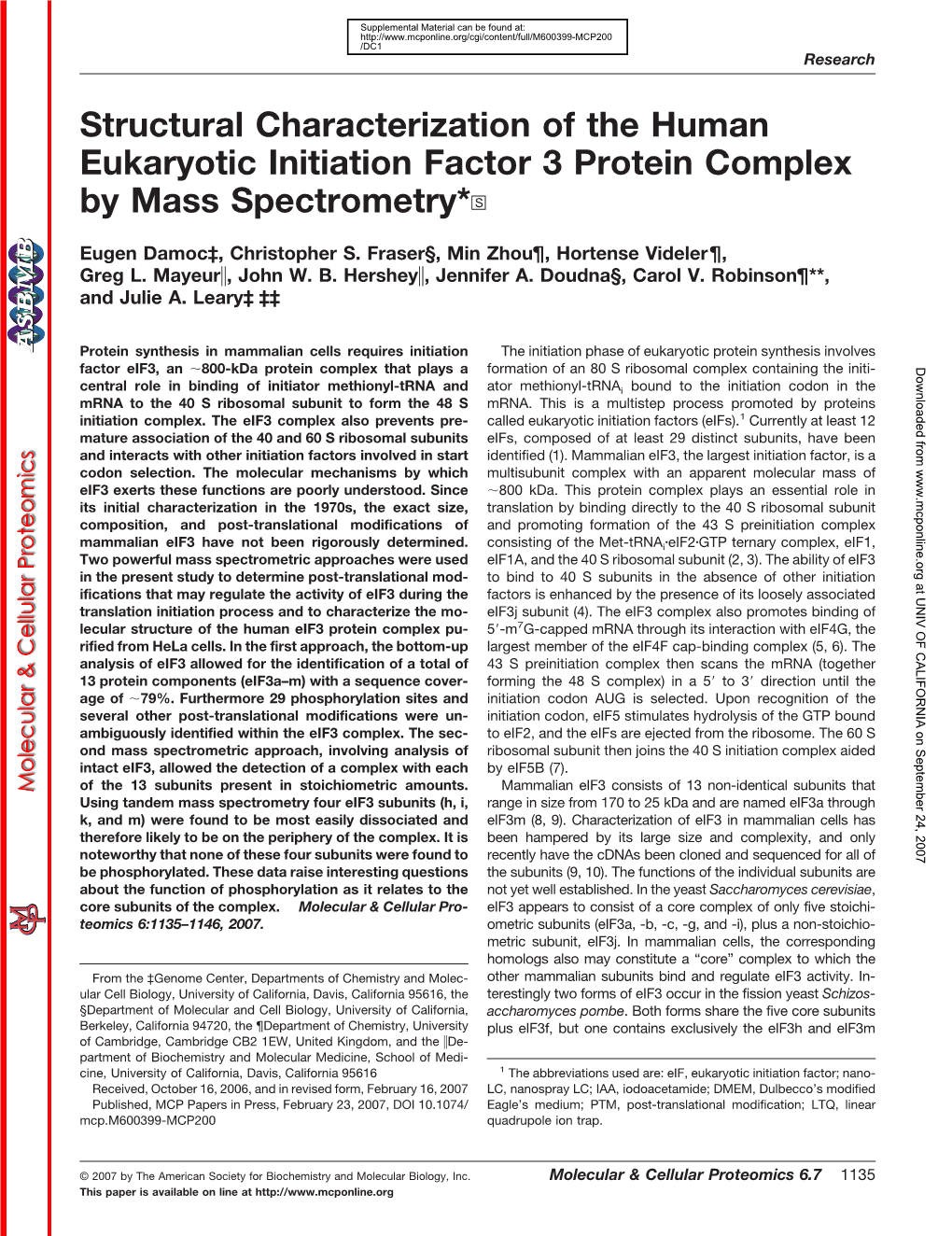 Structural Characterization of the Human Eukaryotic Initiation Factor 3 Protein Complex by Mass Spectrometry*□S