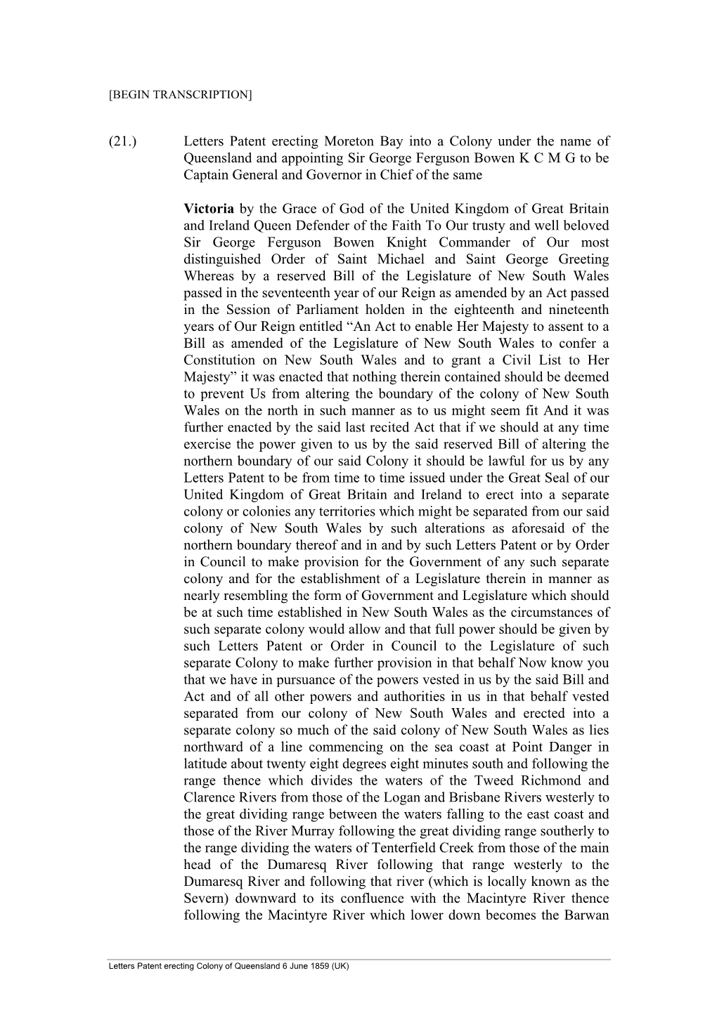 Letters Patent Erecting Colony of Queensland 6 June 1859 (UK