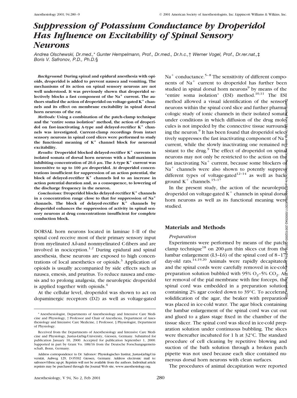 Suppression of Potassium Conductance by Droperidol Has