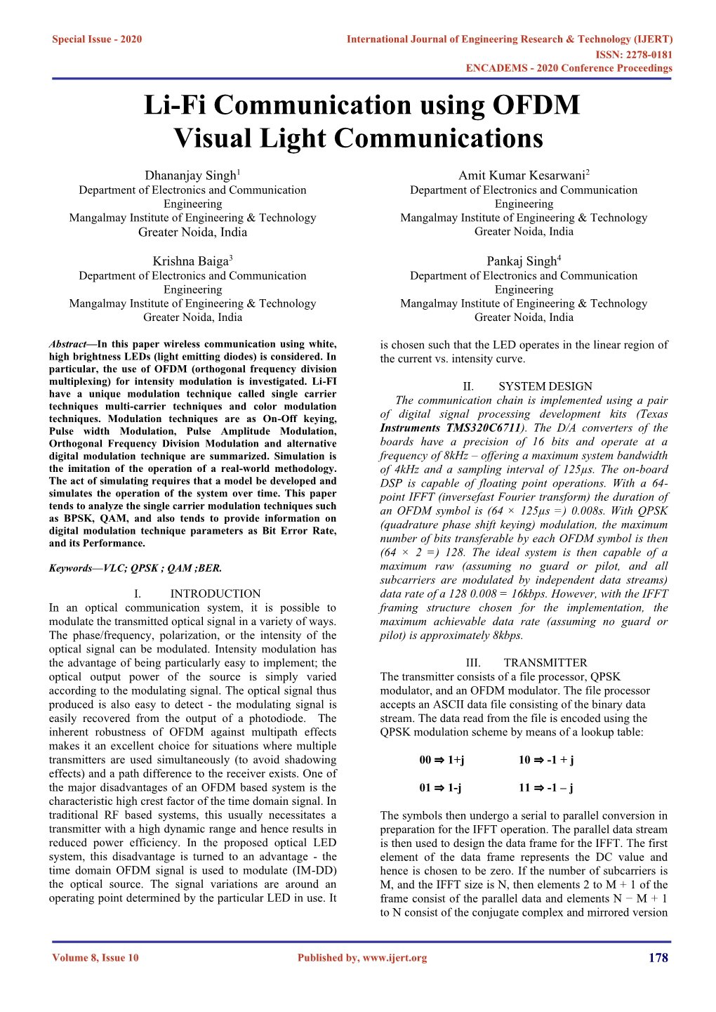 Li-Fi Communication Using OFDM Visual Light Communications