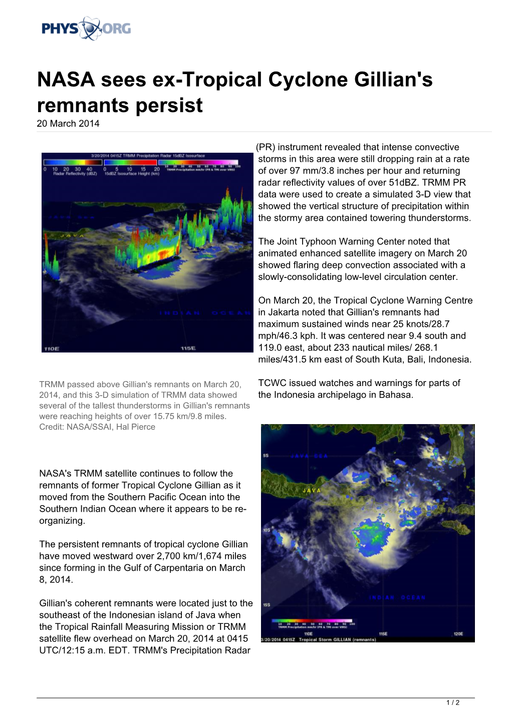 NASA Sees Ex-Tropical Cyclone Gillian's Remnants Persist 20 March 2014