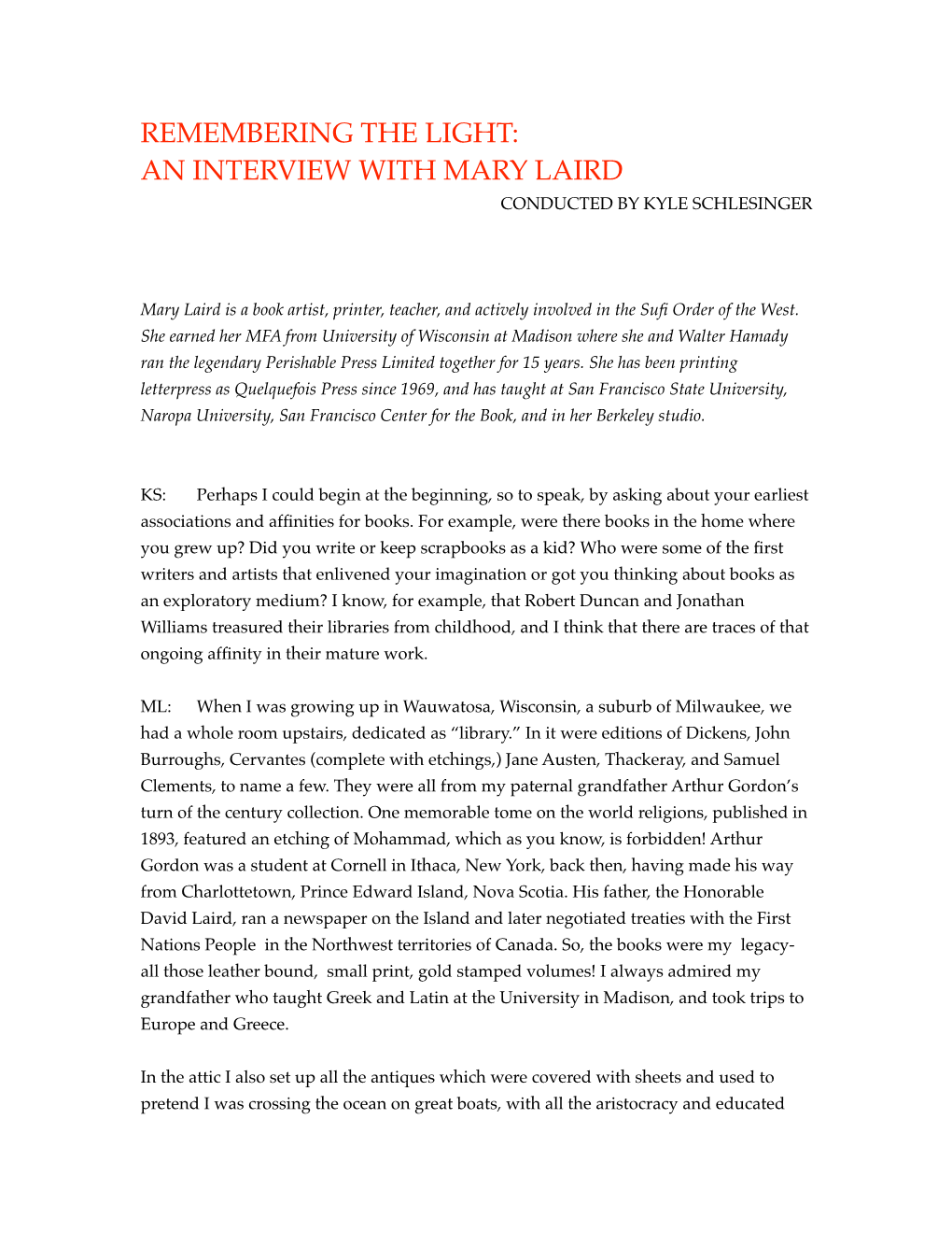 An Interview with Mary Laird Conducted by Kyle Schlesinger