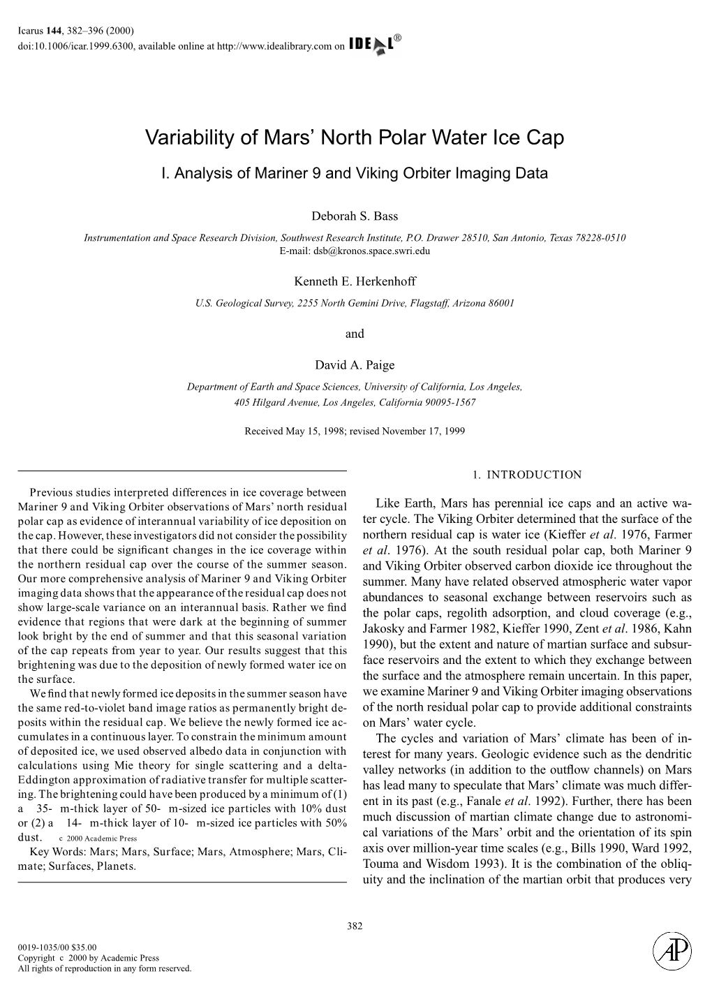 Variability of Mars' North Polar Water Ice Cap I. Analysis of Mariner 9 and Viking Orbiter Imaging Data