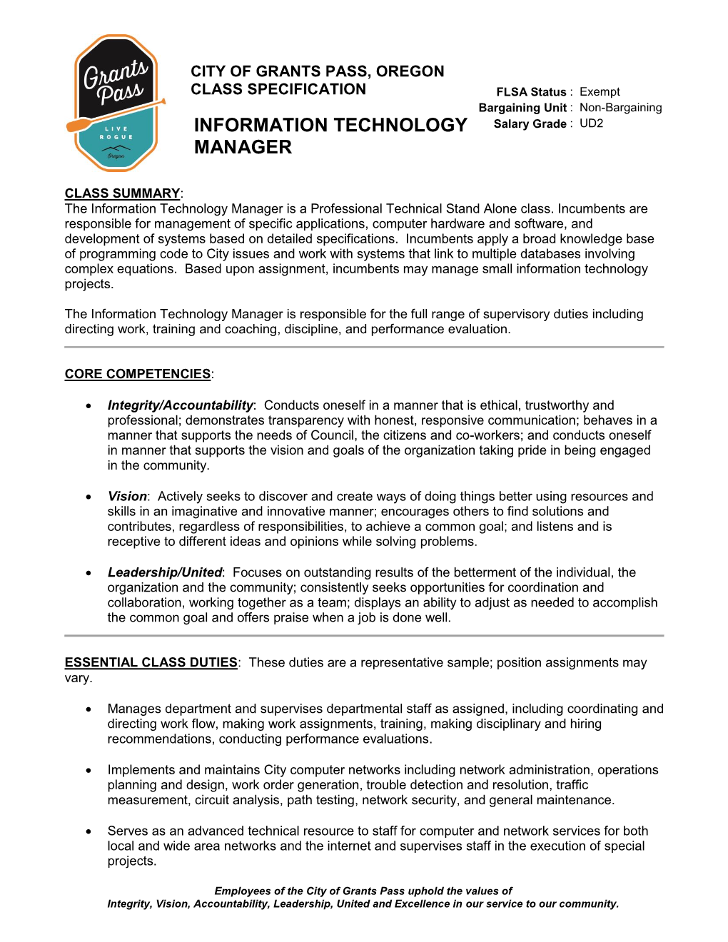 Information Technology Manager Is a Professional Technical Stand Alone Class