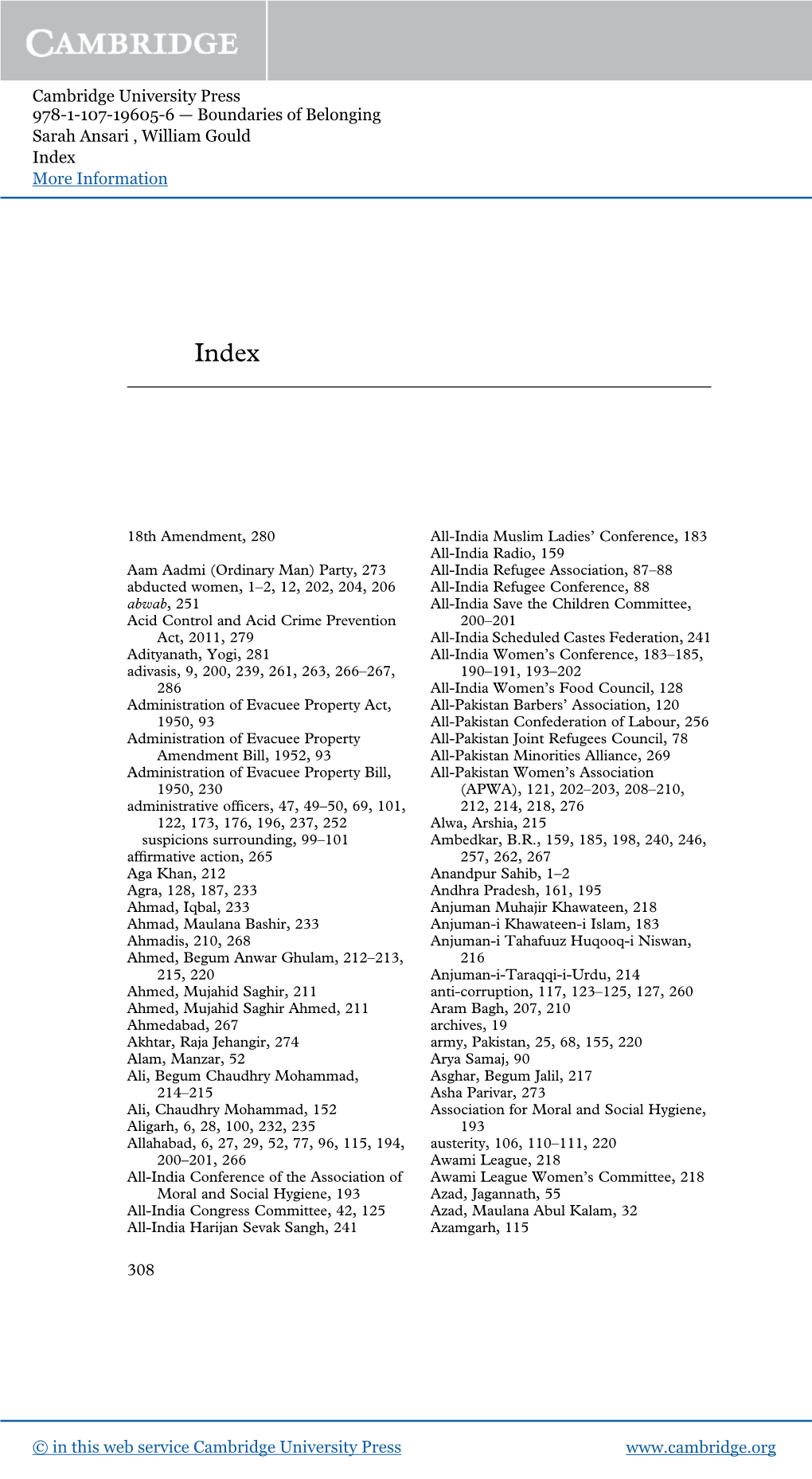 Cambridge University Press 978-1-107-19605-6 — Boundaries of Belonging Sarah Ansari , William Gould Index More Information